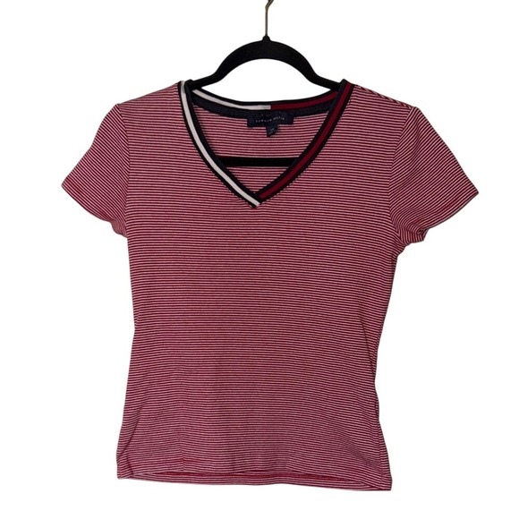 Tommy Hilfiger Red White Striped V-Neck T-Shirt Women's Small - Picture 1 of 6